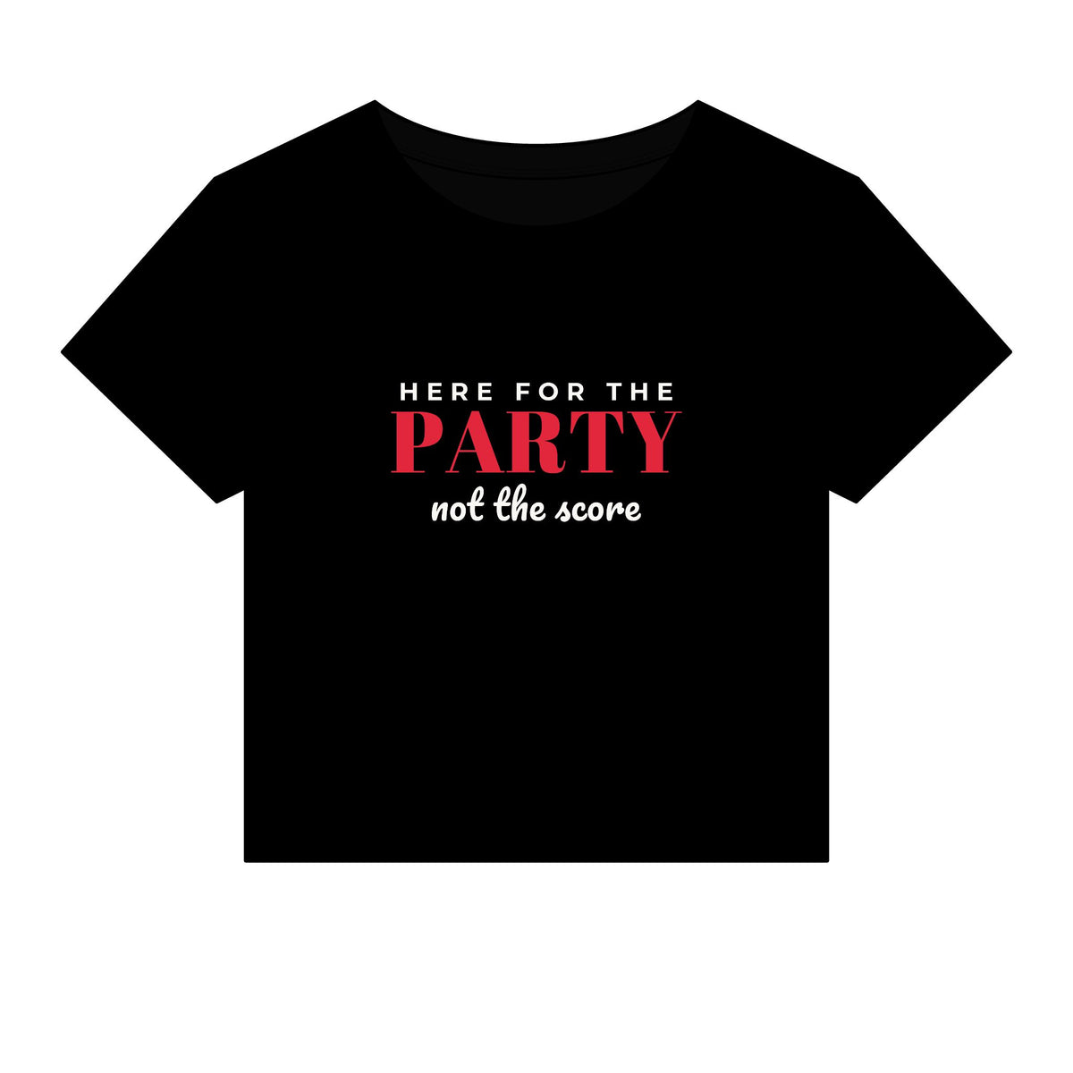 Black crop top T-shirt with front 'PARTY' graphic, crew neck, short sleeves