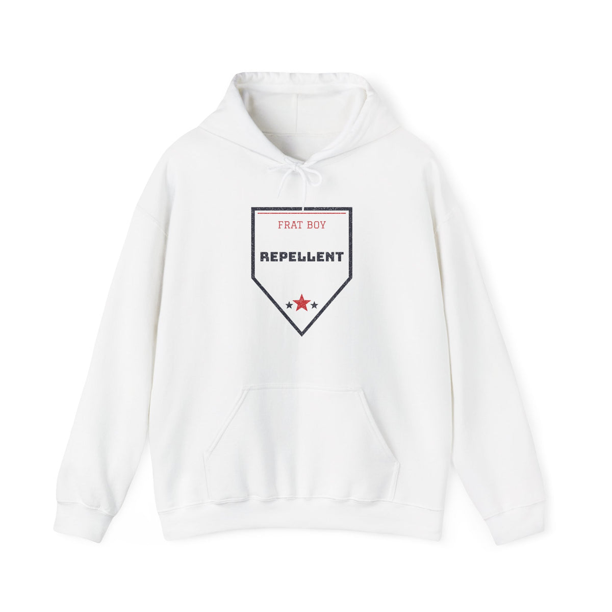 White pullover hoodie with hood and front graphic logo, kangaroo pocket