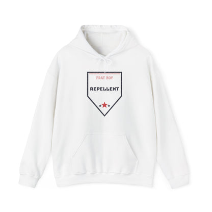 White pullover hoodie with hood and front graphic logo, kangaroo pocket
