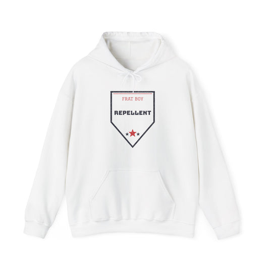 White pullover hoodie with hood and front graphic logo, kangaroo pocket
