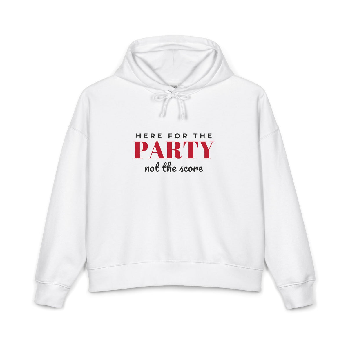 White women's hoodie with front graphic and hood drawstrings