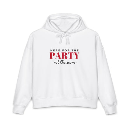 White women's hoodie with front graphic and hood drawstrings