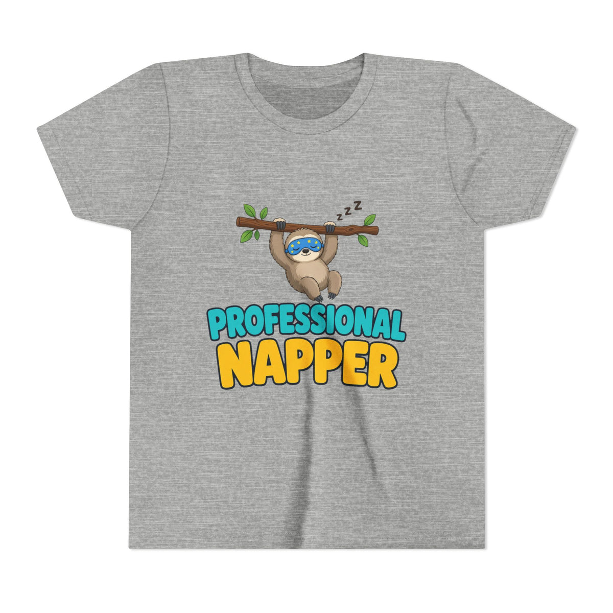 Kids ash heather gray crew-neck tee with sloth under "PROFESSIONAL NAPPER" front graphic