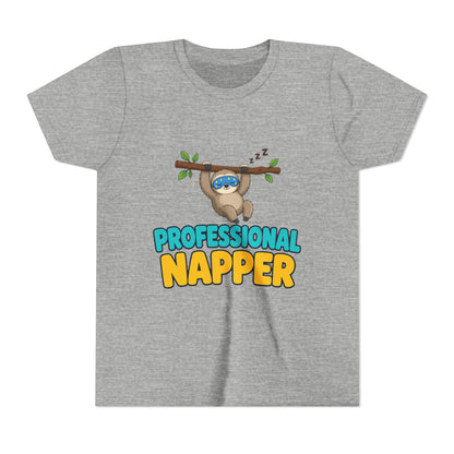 Kids ash heather gray crew-neck tee with sloth under "PROFESSIONAL NAPPER" front graphic