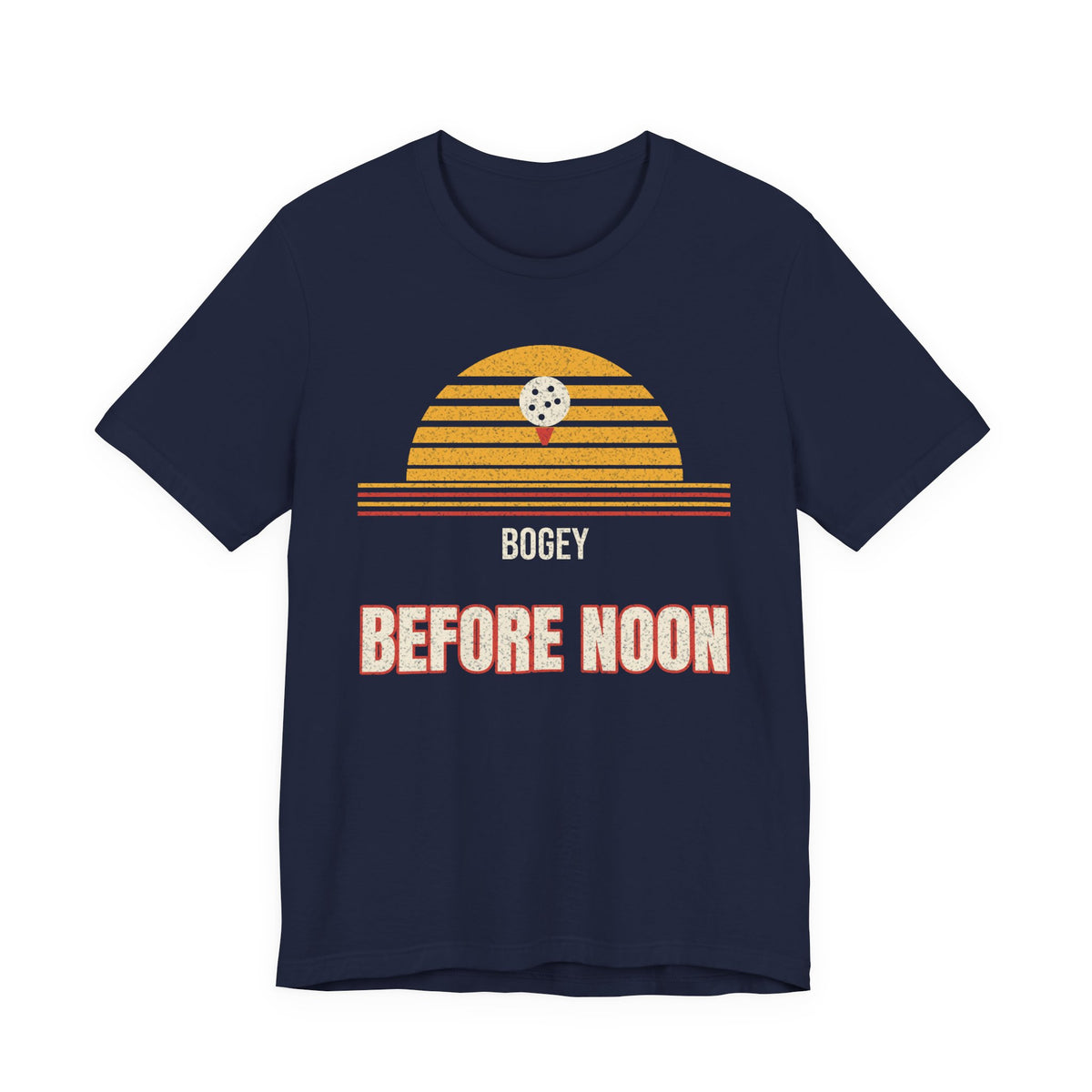 Navy t-shirt with yellow golf-striped graphic and text: BOGEY BEFORE NOON