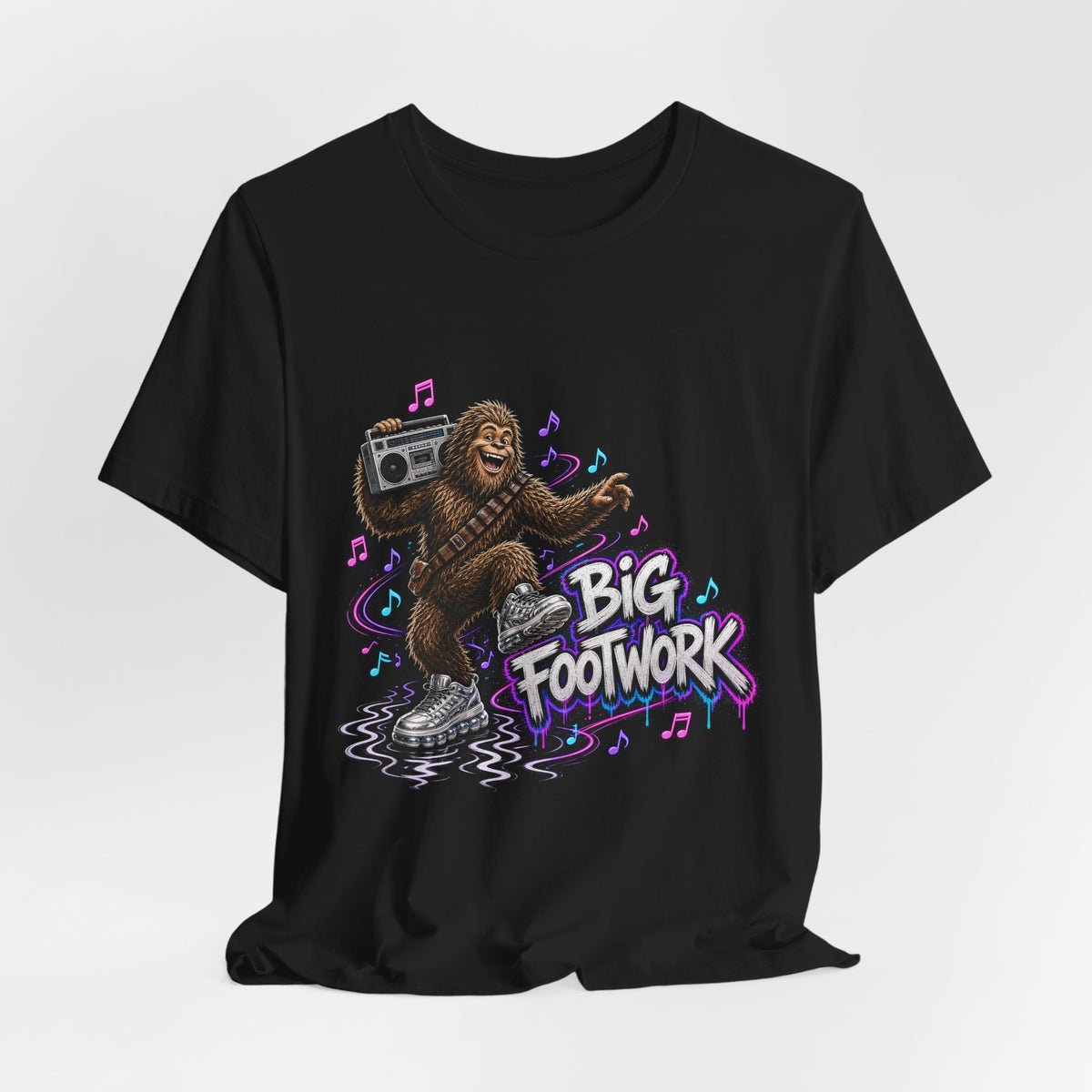 Black crewneck graphic T-shirt with Bigfoot and boombox Big Footwork print