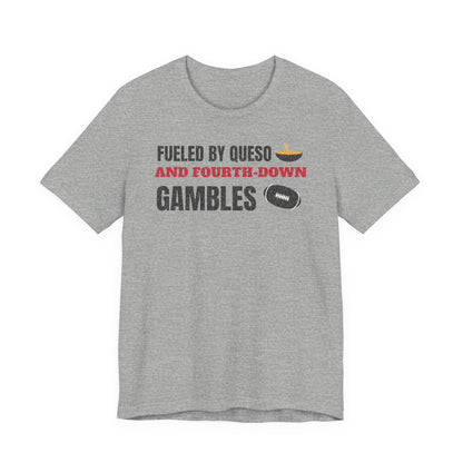 Gray graphic T-shirt with “Fueled by Queso and Fourth-Down Gambles” football print