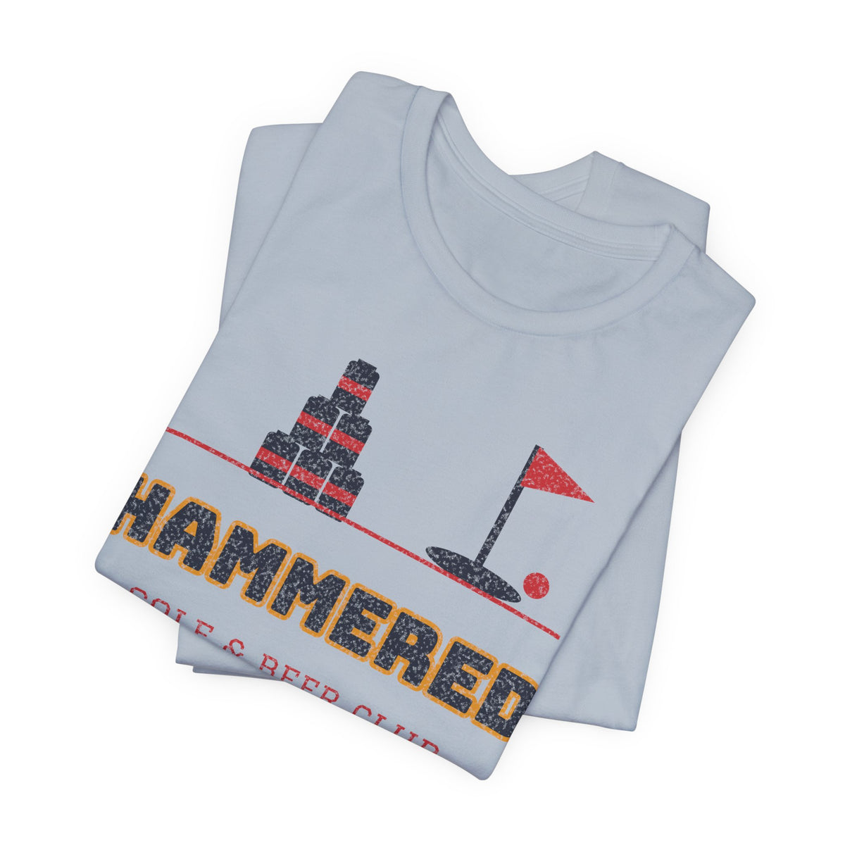 Light blue T-shirt with “Hammered” golf and beer club graphic, crew neck