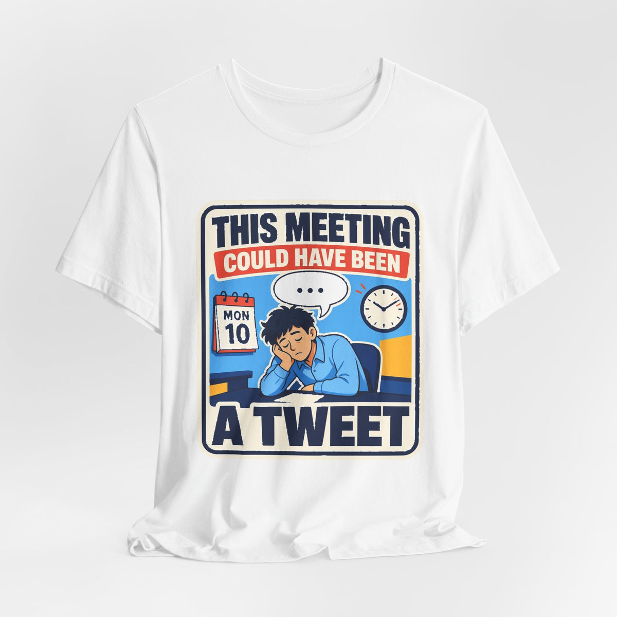 White crewneck graphic T-shirt featuring cartoon character, calendar, and “A TWEET” text
