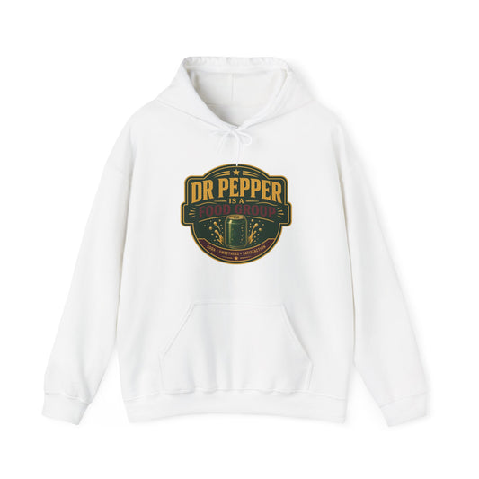 White pullover hoodie with Dr Pepper Food Is a Food Group chest graphic