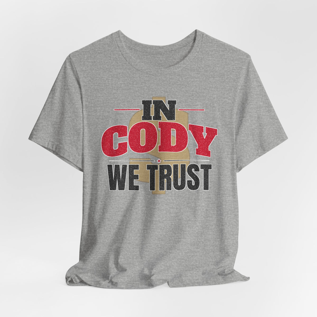 Athletic heather gray graphic T-shirt with 'IN CODY' and 'WE TRUST' chest print
