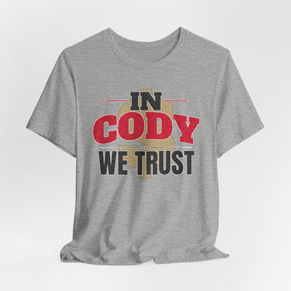 Athletic heather gray graphic T-shirt with 'IN CODY' and 'WE TRUST' chest print