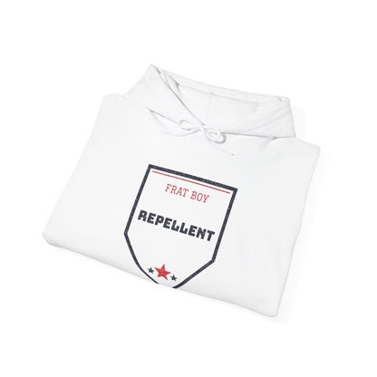 White pullover hoodie with “FRAT BOY REPELLENT” chest graphic