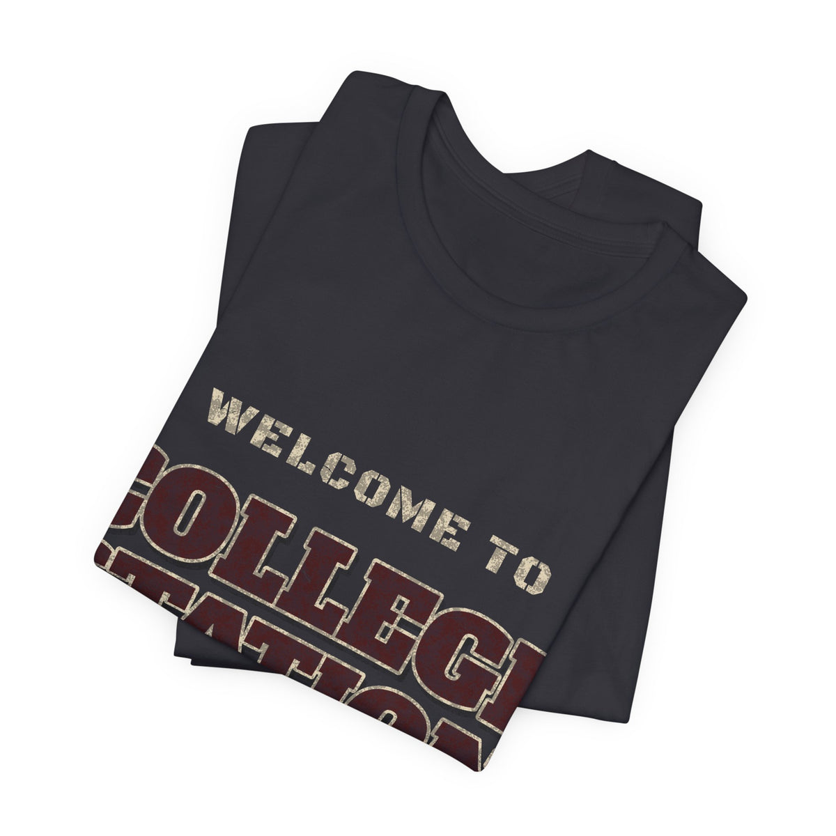 Dark grey graphic T-shirt with partial “WELCOME TO COLLEGE STATION” text print