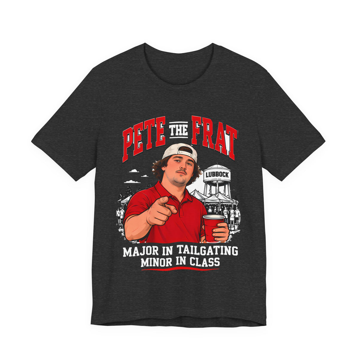 Dark gray crew-neck T-shirt with front graphic of pointing man and red PETE THE FRAT text