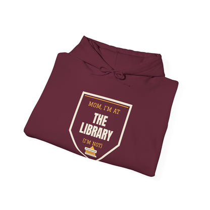 Maroon hoodie folded with library-themed graphic print on chest
