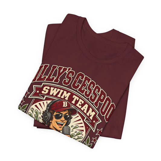 Maroon swim team T-shirt, folded, with bold vintage graphic across chest