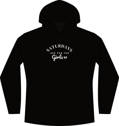 Women’s black heather hoodie with front logo graphic and drawstring hood