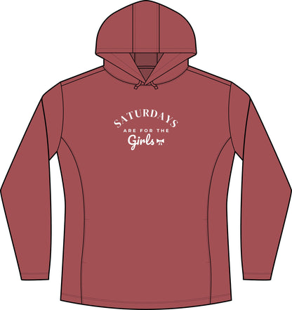 Women’s deep red heather hoodie with front logo graphic and drawstring hood