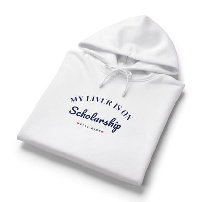 White women's pullover hoodie with hood, drawstrings, and front slogan graphic