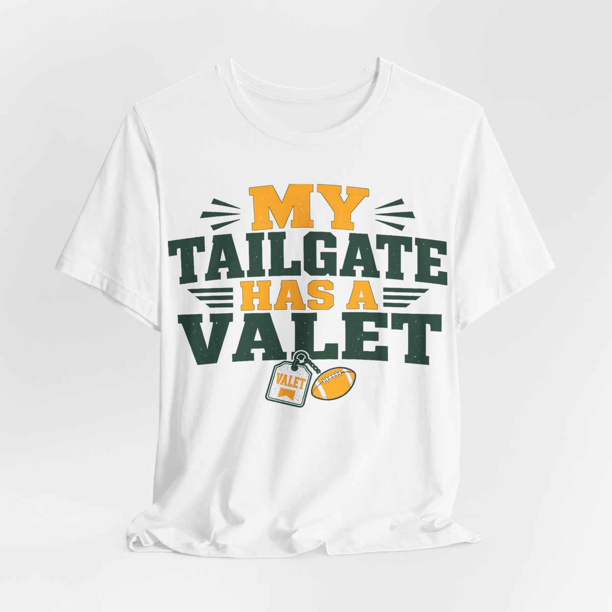 White short-sleeve tee with centered green/orange "My Tailgate Has a Valet" graphic