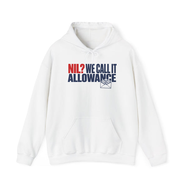 White hoodie with front pocket and drawstring, NII2/We Call It Allowance graphic