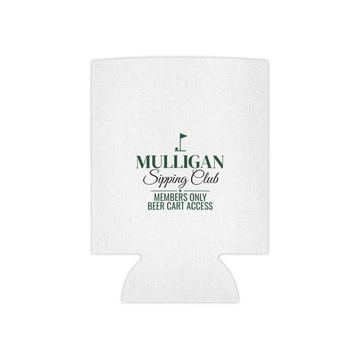 White beer koozie with centered green Mulligan Sipping Club logo and “Members only”