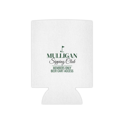 White beer koozie with centered green Mulligan Sipping Club logo and “Members only”
