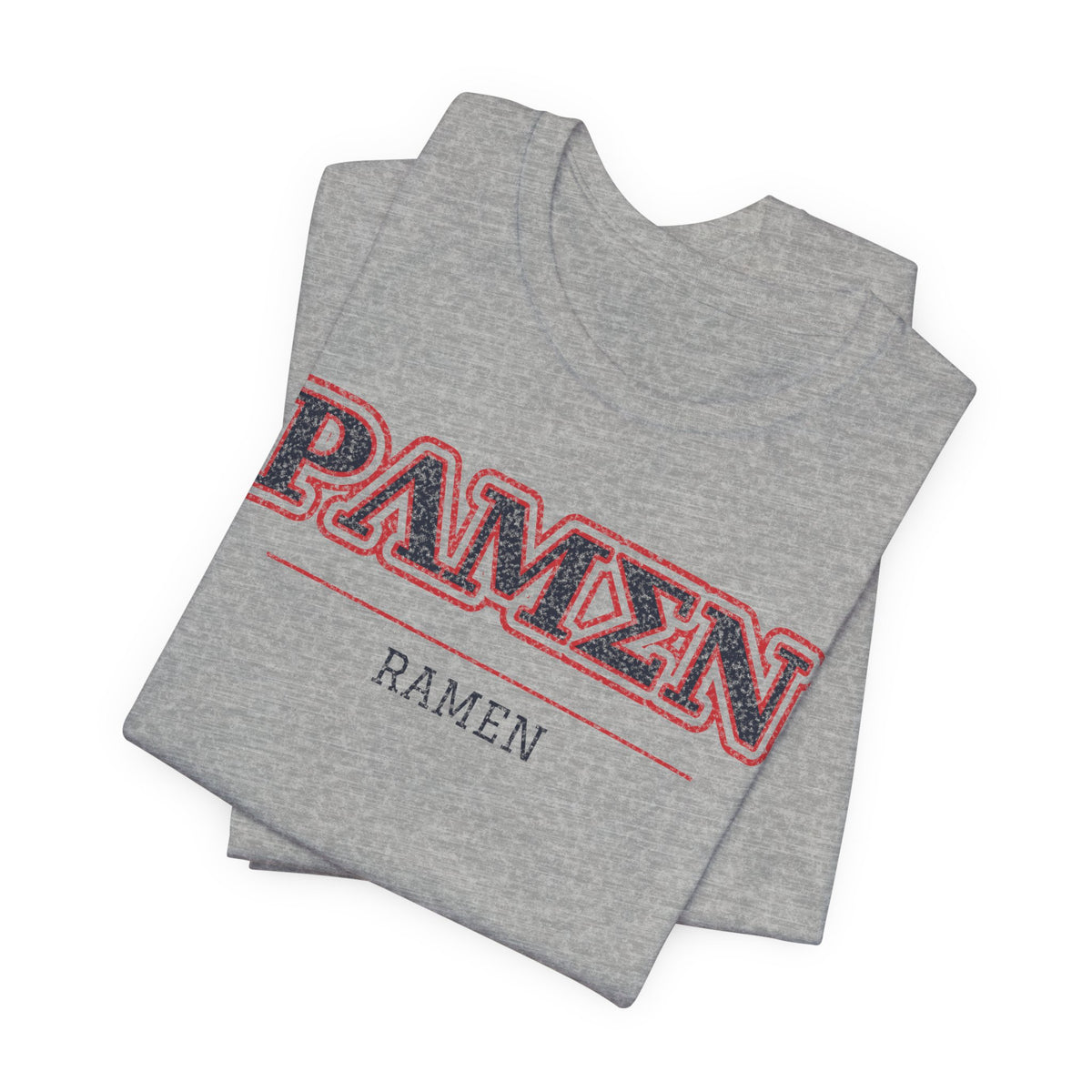 Gray heather T-shirt with red PAMEN logo and RAMEN text graphic