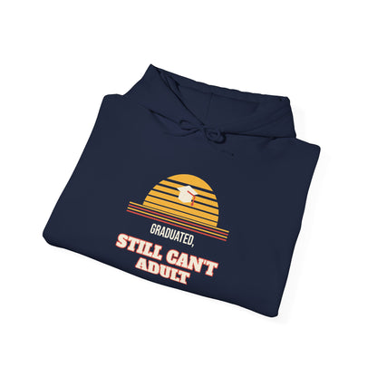 Navy pullover hoodie with drawstring hood, kangaroo pocket, and graduation text graphic