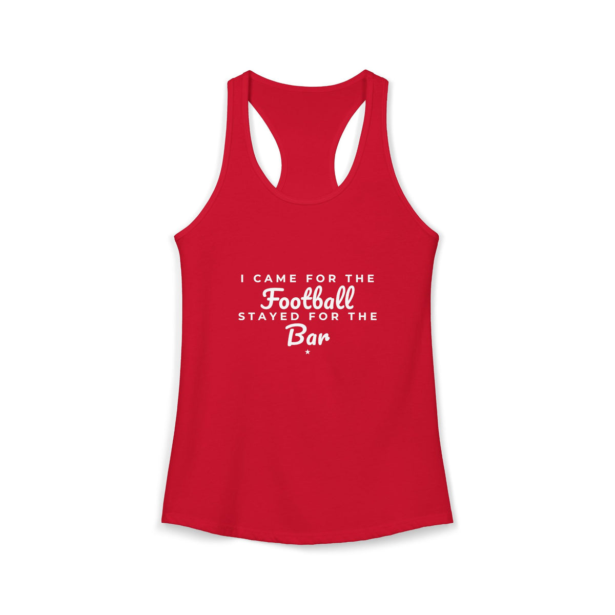 Red racerback tank with cutout back and Football Bar text graphic