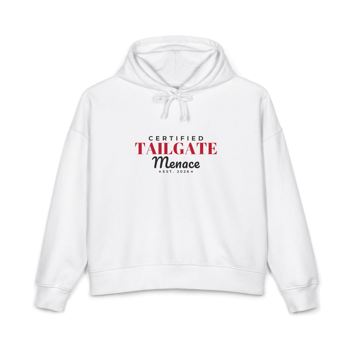 White pullover hoodie with drawstring hood and front logo graphic