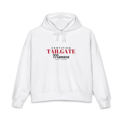 White pullover hoodie with drawstring hood and front logo graphic