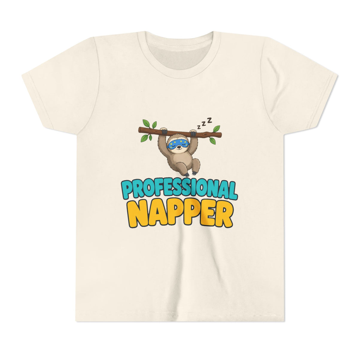 Kids natural/cream crew-neck tee with sloth under "PROFESSIONAL NAPPER" front graphic