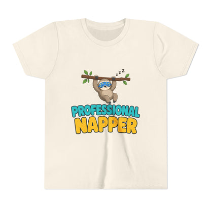Kids natural/cream crew-neck tee with sloth under "PROFESSIONAL NAPPER" front graphic