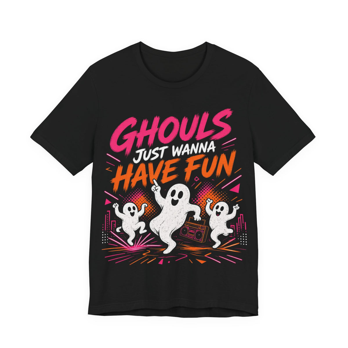 Black crewneck graphic tee with "Ghouls Just Wanna Have Fun" ghost print