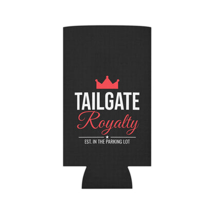 Black can cooler koozie with Tailgate Royalty text and red crown above