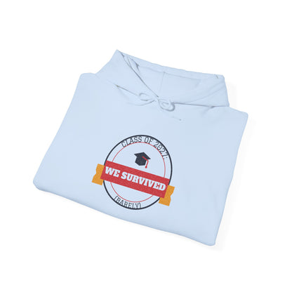 Light blue pullover hoodie with hood and class graphic on chest