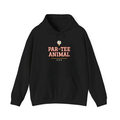 Black pullover hoodie with kangaroo pocket, drawstrings, animal graphic chest print.