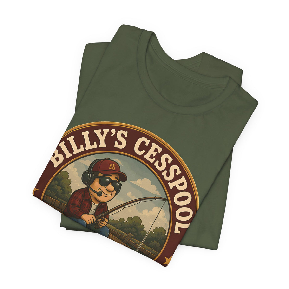 Military green T-shirt featuring a large slanted circular bait & tackle logo graphic