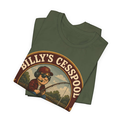Military green T-shirt featuring a large slanted circular bait & tackle logo graphic