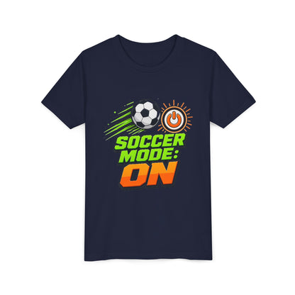 Kids navy graphic soccer tee with soccer ball and power “ON” icon