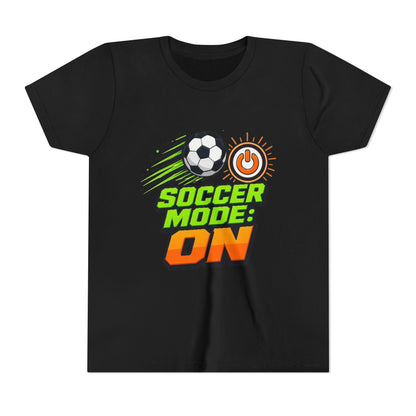 Black kids T-shirt featuring "Soccer Mode: On" soccer ball and power icon graphic