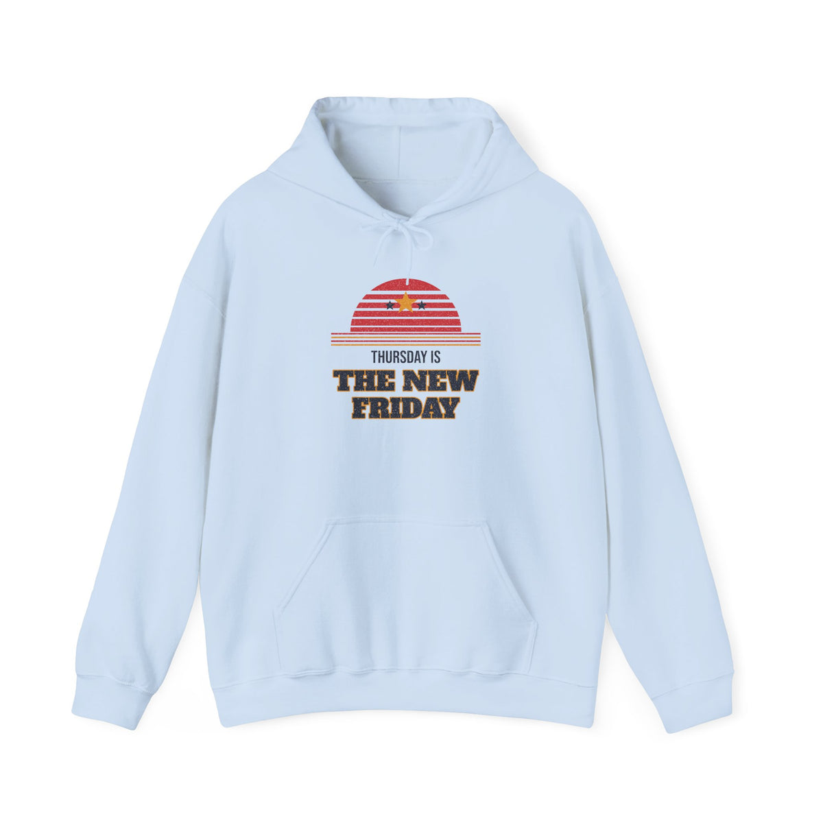 Light blue pullover hoodie with front pocket, hood drawstring, and retro “Thursday” graphic