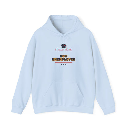 Light blue pullover hoodie with graduation graphic and slogan, front pocket, drawstring hood.