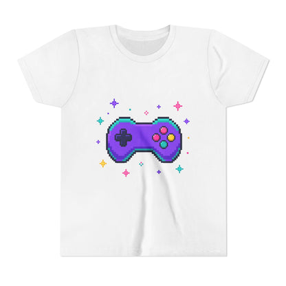 Kids graphic t-shirt in white with pixel game controller design in blue and purple