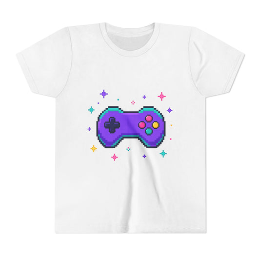 Kids graphic t-shirt in white with pixel game controller design in blue and purple
