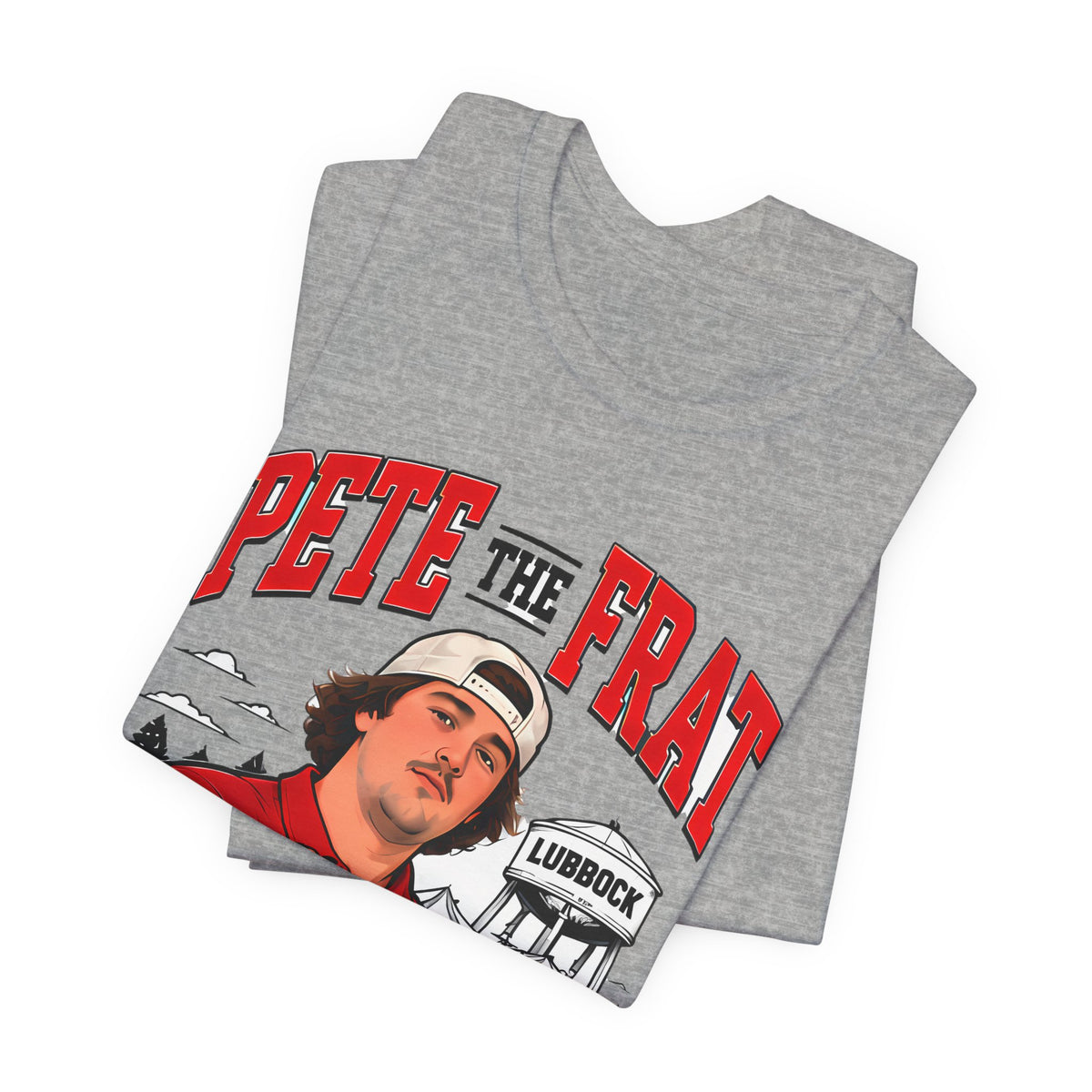 Stack of heather gray crew-neck T-shirts with front graphic and red PETE THE FRAT lettering