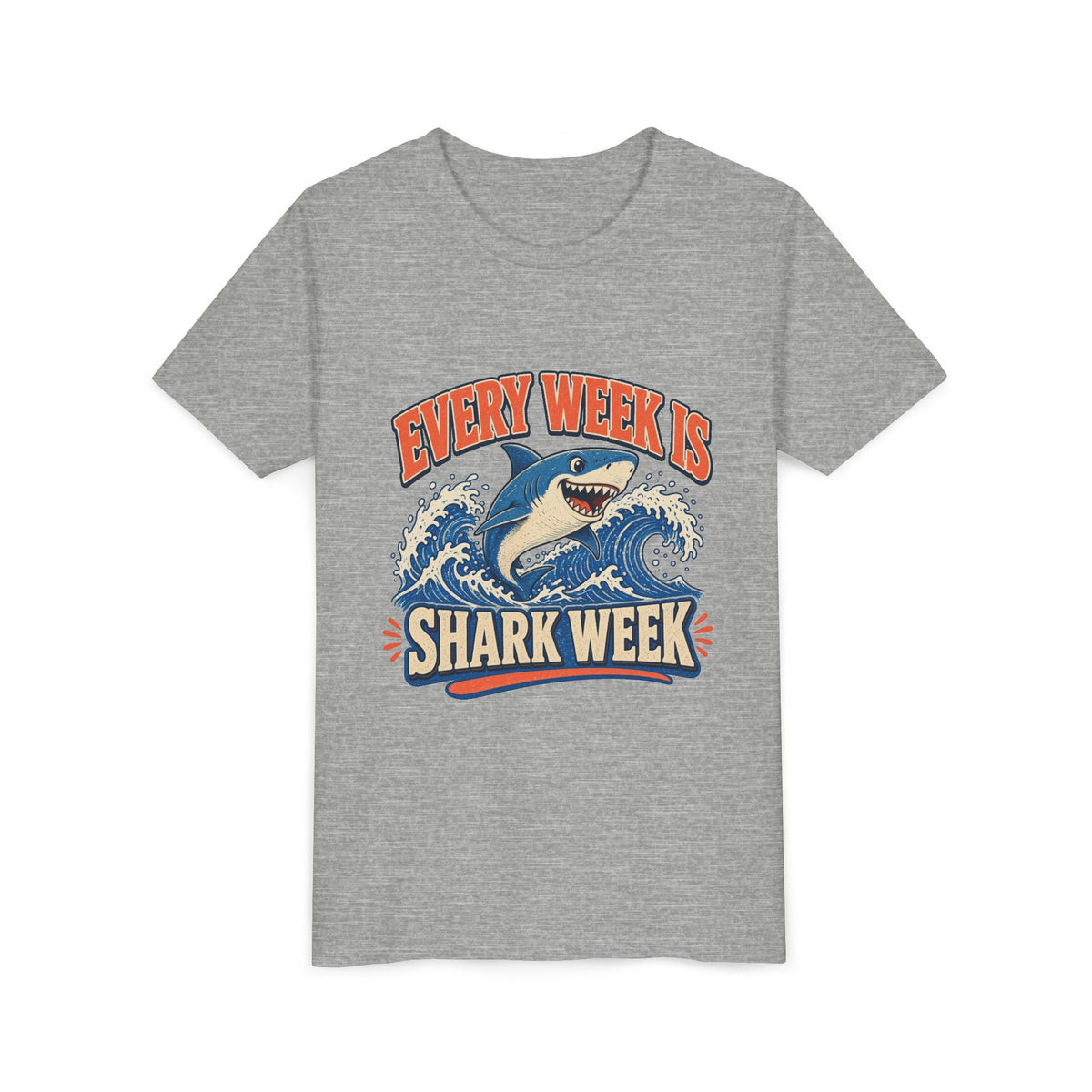 Kids short-sleeve tee, heather gray, crew neck, “Every Week Is Shark Week” graphic.
