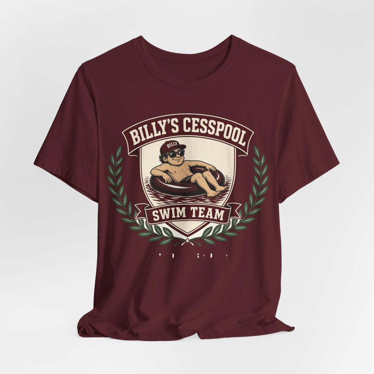 Maroon crew-neck T-shirt featuring swim team crest emblem